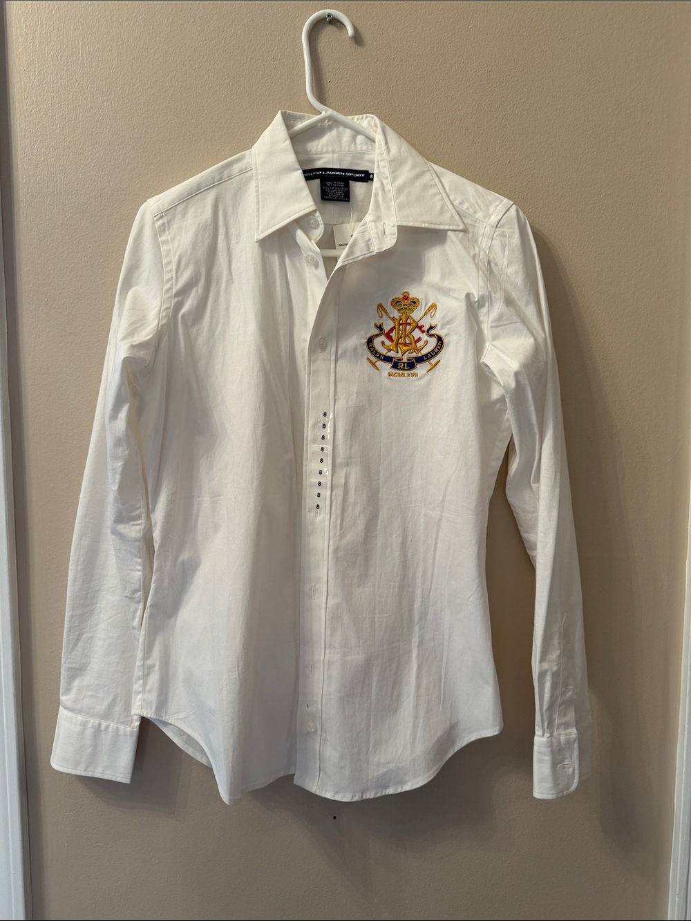 Ralph Lauren White Long-Sleeve Crest Embroidered Dress Shirt